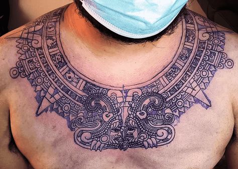 Aztec Tattoo Design Images (Aztec Ink Design Ideas) Aztec Collar Tattoo, Mayan And Aztec Tattoos, Mayan Neck Tattoo, Aztec Calendar Tattoo Design, Aztec Tribe Tattoo, Tattoo Ideas Aztec, Aztec Pattern Tattoo, Aztec Chest Tattoo, Aztec Dragon Tattoo