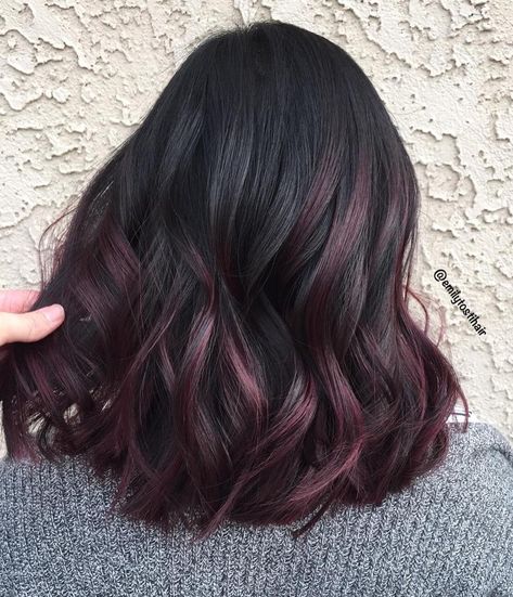 Black Hair with Dark Burgundy Highlights Dark Burgundy Hair, Burgundy Balayage, Dark Chocolate Hair, Burgundy Highlights, Purple Balayage, Maroon Hair, Dark Purple Hair, Plum Hair, Hair Color Burgundy