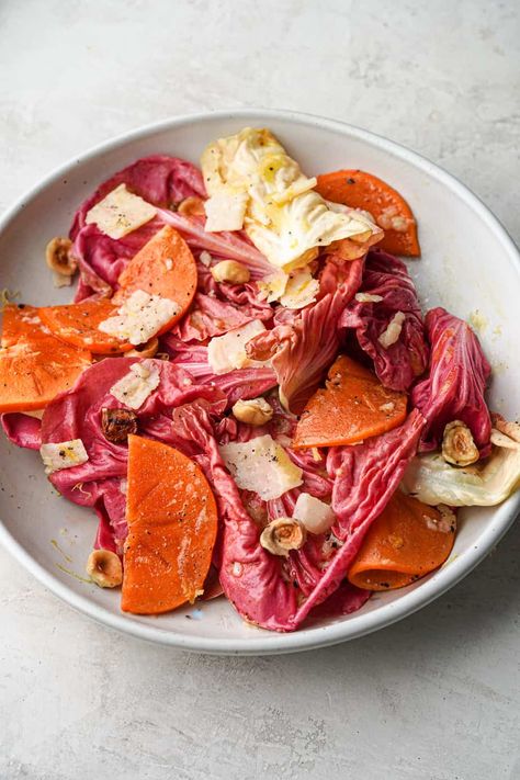 Whisper Of Yum, Persimmon Salad, Fuyu Persimmon, Pomegranate Recipes Salad, Dijon Dressing, Creamy Garlic Mushrooms, Roasted Hazelnuts, Radicchio Salad, Weeknight Recipes