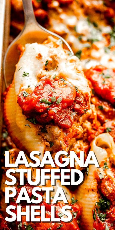 An easy and delicious casserole of jumbo pasta shells stuffed with a ground beef-ricotta filling, and cooked in savory marinara with cheese. It's DELISH and a perfect dinner for a crowd. #pasta… Pasta Shells Stuffed Beef, Stuffed Shell Lasagne, Stuff Jumbo Shells, Stuffed Shells With Ground Beef And Sausage, Ground Beef Shells And Cheese, Pasta Shells And Ground Beef, Italian Meal For A Crowd, Stuff Pasta Shells Recipe Ground Beef, Stuffed Shells With Ground Beef Easy