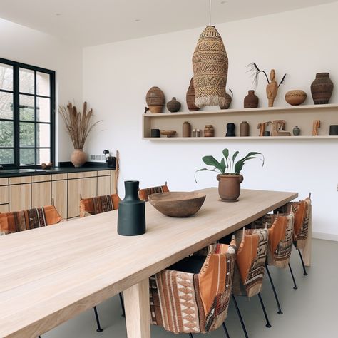 Afro Scandinavian Interior, African Inspired Kitchen, African Dining Room Decor Ideas, African Inspired Dining Room, Afro Minimalist Decor, African Kitchen Design, Modern African Decor Living Rooms, African Dining Room, Afro Modern Decor