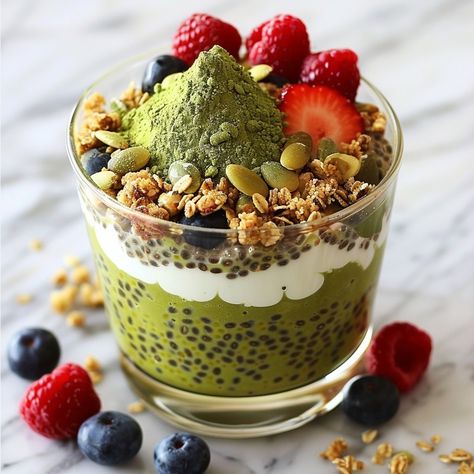 🌿✨ Start your day right with Matcha Chia Pudding Parfait! #HealthyEats #MatchaLove Matcha Chia Pudding Parfait Ingredients: Chia seeds (1/4 cup) Almond milk (1 cup) Matcha powder (1 tsp) Maple syrup (1 tbsp) Greek yogurt (1/2 cup) Fresh berries (1/2 cup) Granola (1/4 cup) Instructions: In a bowl, mix chia seeds, almond milk, matcha powder, and maple syrup. Let sit for 10 minutes, then stir again. Refrigerate for at least 2 hours or overnight. Layer chia pudding, Greek yogurt, fresh berrie... Pudding Greek Yogurt, Chia Seeds Almond Milk, Chia Pudding Parfait, Parfait Bar, Matcha Chia Pudding, Chia Parfait, Pudding Parfait, Instagram Recipes, Twisted Recipes