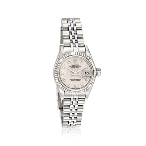 Pre-Owned Rolex Datejust Women's 26mm Automatic Stainless Steel, 18kt White Gold Watch. C. 2002. Experience the renowned luxury of a pre-owned Rolex with this Datejust women's watch. The timepiece features Swiss automatic movement, synthetic sapphire crystal, 26mm case, silver jubilee Arabic dial, 18kt white gold bezel, and stainless steel crown and jubilee bracelet that finishes with a foldover clasp. Water-resistant up to 100M. Pre-owned Rolex 18kt white gold and stainless steel watch. Ross-Simons is not an authorized Rolex dealer. Watches from our Pre-Owned collection are inspected by our watchmakers for authenticity. They also undergo complete movement service as needed, water resistance testing and refurbishing of case and bracelet. All of our Pre-Owned watches are covered by Ross-Sim Rolex Silver Woman, Rolex Watches Women Silver, Watch Rolex Women, Rolex Jewelry, Rolex Datejust Women, White Gold Watch, Thigh Straps, Gold And Silver Watch, Rolex Watches Women