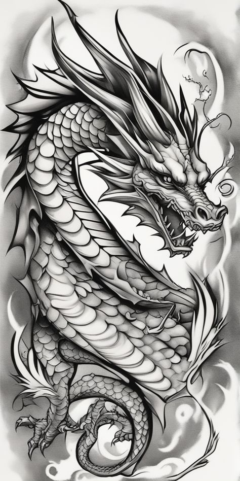 A striking new school style dragon tattoo design is presented in black and white over a blank canvas. The image showcases intricate details, from the dragon's fierce expression to its magnificent scales, creating a dramatic and bold aesthetic. Chinese Dragon Tattoo Drawing, Medieval Dragon Tattoo, Dragon Tattoo Realistic, Dragons Tattoos, Dragon Stencil, Cool Dragon Pictures, Dragon Tattoo Leg, Dragon Tattoo Stencil, Praying Hands Tattoo Design