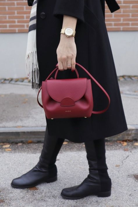 Polene Numero Un Nano, Check Scarf, Pop Of Red, Black Wool Coat, Checked Scarf, Very Cold, Cambridge Satchel Company, Outfit Idea, Fall Outfit