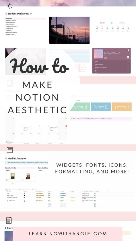 Check out this step-by-step guide on how to make your Notion aesthetic. A free Notion template for students with pages for planning, taking notes, setting goals, tracking finances, and more is included! | notion for students aesthetic, notion inspiration, notion template ideas for students How To Use Notion For Beginners, Notion Cheatsheet, Notion How To, Notion Set Up, Notion Beginner, Notion Pages Ideas, Aesthetic Notion Setup, Notion Student Dashboard, Notion Tools