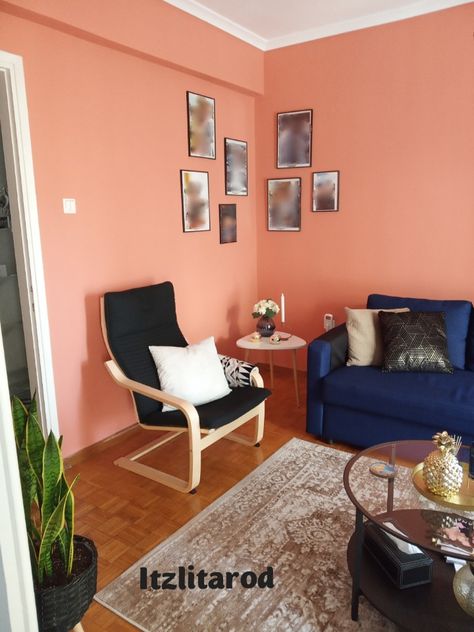 Salmon Accent Wall Living Room, Peach Wall Paint Living Room, Salmon Color Living Room, Salmon Pink Living Room, Peach Sofa Living Rooms, Salmon Wall Color, Salmon Color Bedroom, Peach Living Room Walls, Salmon Living Room