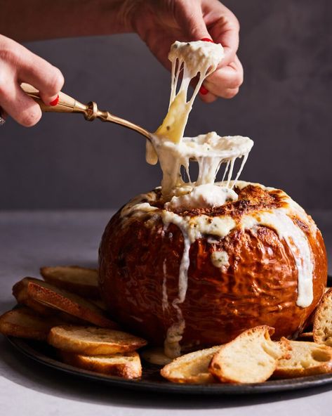 Pumpkin Fondue from www.whatsgabycooking.com (@whatsgabycookin) Fall Cookbook, Pumpkin Fondue, Xmas Foods, Cookbook Club, Toasted Crostini, Croissant Bread, Sweet Potato Nachos, Whats Gaby Cooking, Ball Recipes