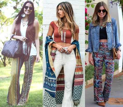 Uma característica muito importante nas calças estilo boho é que elas sejam modelo flare, com a boca mais larga. O tecido e textura da peça são fundamentais para proporcionar o toque boho. Tecidos com aparência rendada ou com estampas podem ser o destaque do visual. “As calças de cintura alta e boca-de-sino (flare) representam bem o estil boho, assim como as pantalonas coloridas ou com estampas étnicas e florais.Componha com botas, batas, quimonos com franjas, coletes de crochê ou couro". Stile Hippie Chic, Sweet 16 Outfits, Stile Boho Chic, Look Boho Chic, Hippy Chic, Stil Boho, Christian Fashion, Estilo Boho Chic, Winter Boho