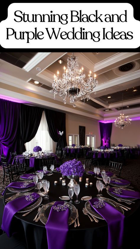 Elegant black and purple wedding decor with silver accents. Royal Purple And Silver Wedding Theme, Lavender Black And Silver Wedding, Dark Blue And Purple Wedding Decorations, Purple And Gold Bouquet Wedding, Black Silver And Purple Party, Purple And Gray Wedding Ideas, Black And Purple Wedding Reception, Black White Gold Purple Wedding, Purple Aesthetic Wedding Theme