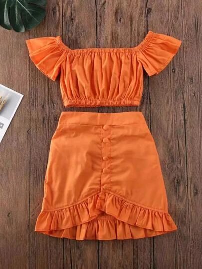 WishList | SHEIN A Line Skirt Outfits, Crop Tops For Kids, Orange Two Piece, Ruffle Skirts, Color Outfits, Off Shoulder Dresses, Top Skirt Set, Crop Top Skirt, Short Sleeve Cropped Top