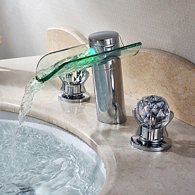 Widespread Bathroom Sink Mixer Tap LED Glass Faucet Two Crystal Handles Color Changing No Battery Needed Waterfall Sink Faucet, Glass Bathroom Sink, Bathroom Sink Faucets Chrome, Crystal Bathroom, Waterfall Faucet, Steam Showers Bathroom, Sink Mixer Taps, Bath Faucet, Glass Bathroom