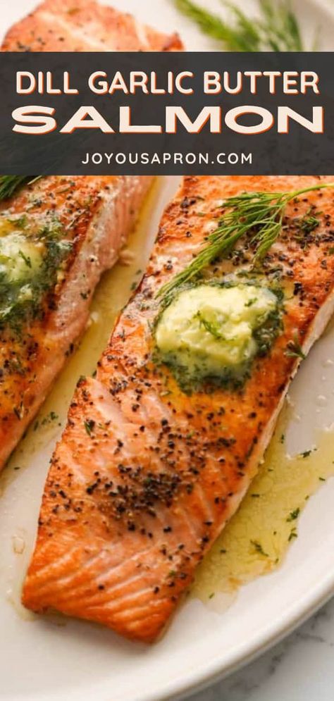 Pan seared salmon seasoned with garlic dill butter compound. A simple and flavorful salmon dinner ready quickly under 15 minutes! Dill Mustard Salmon, Roasted Dill Salmon, Dill Salmon Recipes Baked, Dijon Dill Salmon, Dill Butter Salmon, Salmon Dill Recipes, Salmon And Dill Sauce, Salmon And Dill Recipes, Salmon Recipes With Dill