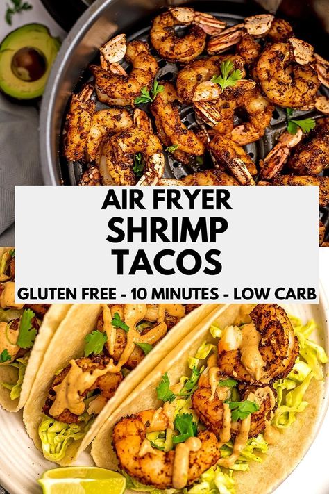 Tacos In Air Fryer, Easy Air Fryer Shrimp, Air Fryer Shrimp Tacos, Shrimp Taco Recipe, Healthy Shrimp Tacos, Shrimp Tacos Recipe, Frozen Shrimp Recipes, Low Carb Shrimp Recipes, Air Fryer Shrimp