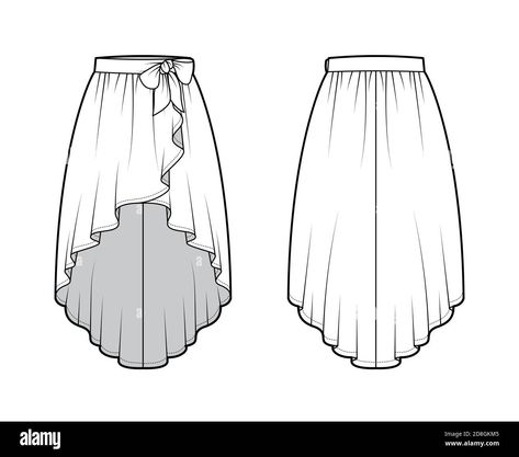 Download this stock vector: Skirt high low cascade wrap technical fashion illustration with semi-circular fullness, thick waistband. Flat bottom template front, back, white color style. Women, men, unisex CAD mockup - 2D8GKM5 from Alamy's library of millions of high resolution stock photos, illustrations and vectors. Denim Design, Technical Drawing, Skirt Design, Classic Outfits, Style Women, Color Style, Print Images, Fashion Illustration, White Color