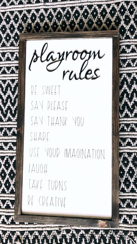 "10x20 plus border wood sign. Playroom rules is 3D! Size of sign is before wood border. Border adds 1 1/2\" + spruce up your decor with this trendy handmade sign! + Please note - due to the nature of wood; stain color, knots and grain may vary. There may be imperfections in the finished product. This adds to the individual character of the sign, meaning each one will be unique in its own way! + Please make sure that your address is correct, all items will ship to your Etsy address. If a package Playroom Theme Ideas, Playroom Remodel, Farmhouse Playroom, Playroom Rules, Playroom Signs, Barndominium Plans, Kids Playroom Decor, Sign Meaning, Playroom Wall Decor