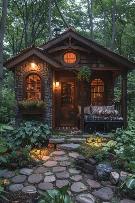 Little Cottage House, Shed Exterior Ideas, English Crumpets, Dark Cottagecore House, Garden Shed Ideas, Forest Houses, Shed Ideas, Woodland House, Forest Cottage