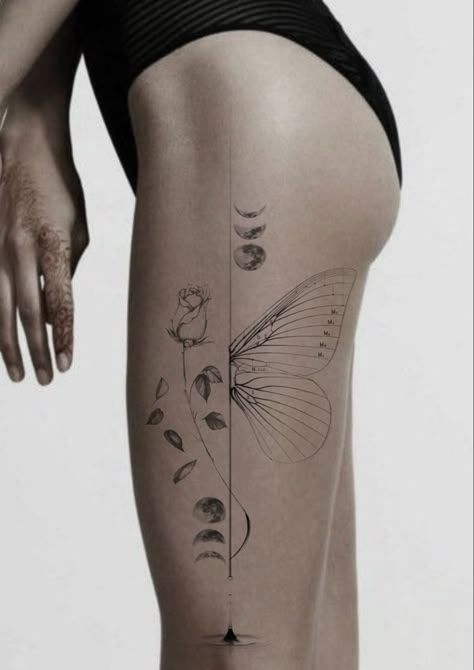 Knee Placement Tattoo, Fine Line Leg Tattoo, Back Of Knee Tattoo, Tattoo Sentences, Back Of Leg Tattoos, Butterfly Tattoo Design, Best Couple Tattoos, Cuff Tattoo, Hip Thigh Tattoos