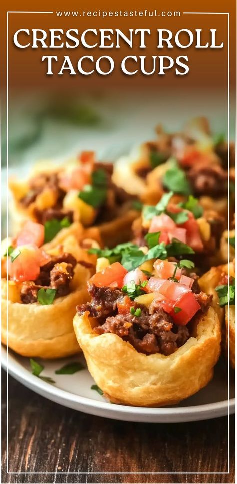 These Crescent Roll Taco Cups are a fun and easy way to enjoy taco flavors in a bite-sized form! With a crispy, buttery crescent dough shell, seasoned ground beef, and melted cheese, these taco cups make a perfect appetizer or quick weeknight meal. Customize with salsa, cilantro, and your favorite taco toppings for an extra burst of flavor. #TacoCups #TacoTuesday #EasyDinner #TacoAppetizer #CrescentRollRecipes #MiniTacos #MexicanFood #QuickMeals Taco And Crescent Rolls, Taco Appetizers Snacks Parties Food, Taco Bites Crescent Rolls, Taco Cresent Rings Recipes, Taco Pillsbury Crescent Rolls, Taco Cresent Rolls, Easy Taco Cups, Taco Cups Crescent Rolls, Taco Cups With Biscuits