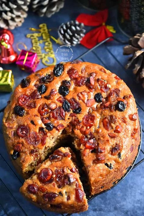 Eggless Rum Fruit Cake | Eggless Christmas Fruit Cake with Rum - Cooking From Heart Eggless Christmas Cake, Rum Fruit Cake Recipe, Fruit Cake Recipe With Rum, Cake Recipe Without Eggs, Raisin Cake Recipe, Eggless Fruit Cake Recipe, Moist Fruit Cake Recipe, Christmas Fruit Cake Recipe, Rum And Raisin Cake