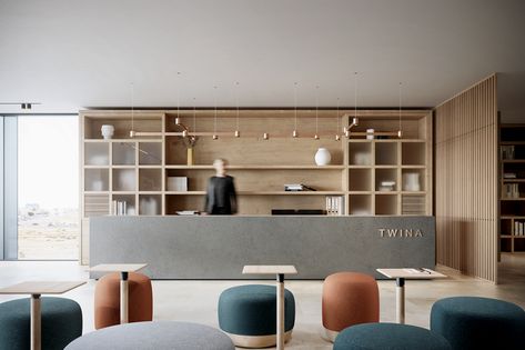 Twina Office on Behance Minimalist Office Design, Space Restaurant, Japanese Office, Office Pantry, Linear Light, 카페 인테리어 디자인, Minimalist Office, Clinic Design, Space Galaxy