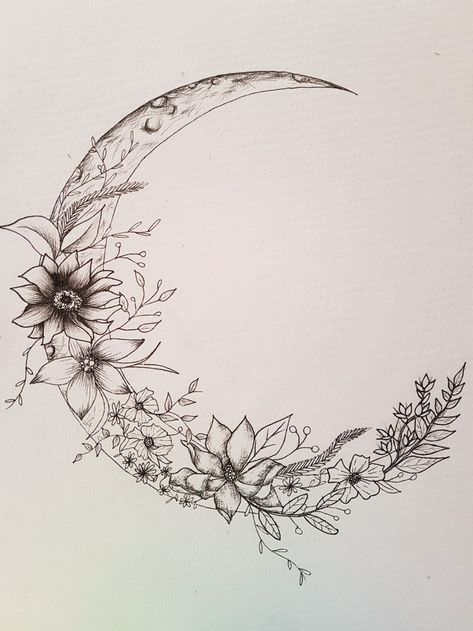 A crescent moon covered in flowers, drawn with fine liner pens on recycled paper https://www.etsy.com/shop/RosiesArtyStuff Witchy Mom Tattoo, Flower Moon And Stars Tattoo, Flower Moon Tattoo, Flowers Drawn, Half Moon Tattoo, Belly Art, Crescent Moon Tattoo, Aries Tattoo, Moon Tattoo Designs