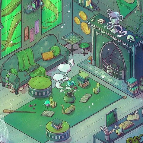 Isometric Art Wallpaper, Isometric Wallpaper, Slytherin Common Room, Cute Cabins, Isometric Drawing, Yes I Will, Harry Potter Houses, Isometric Art, Slytherin Aesthetic