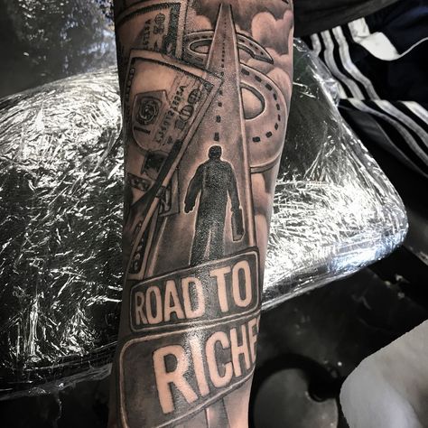 Road To The Riches Tattoo, Money Tattoo Sleeve For Men, Roads To Riches Tattoo, Money Tattoo Designs Men, Road To Riches Tattoo Stencil, Road Tattoo Sleeve, Sleeve Tattoos Money, Risk Tattoos, Urban Tattoos Designs