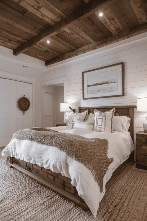 wood ceiling white walls farmhouse bedroom Rooms With Wooden Ceilings, Wood Ceiling Master Bed, Farmhouse Bedroom Shiplap Wall, Peaked Bedroom Ceiling, Farmhouse Bedroom Grey Walls, Wood Ceiling Ideas Bedroom Master Suite, Wood Bedroom Ceiling Ideas, Bedrooms With Wood Ceilings, Wood On Bedroom Ceiling