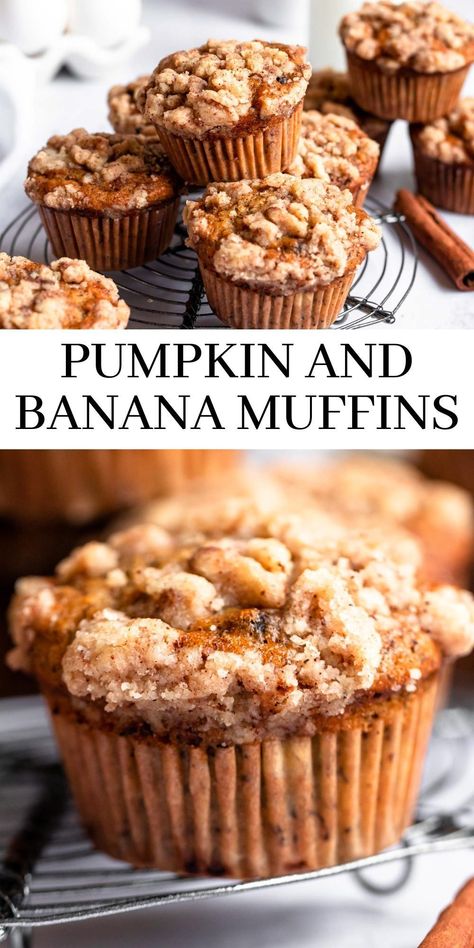 These pumpkin banana muffins are moist and fluffy and filled with chocolate chips and topped with a cinnamon streusel topping. Best Pumpkin Muffins, Pumpkin Banana Muffins, Pumpkin Streusel Muffins, Pumpkin Muffins Easy, Pumpkin Cream Cheese Muffins, Bakery Style Muffins, Pumpkin Muffin Recipes, Spice Muffins, Pumpkin Spice Muffins