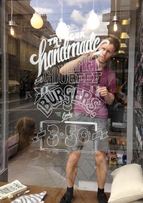 Window Illustration for Ninety Nine by Ashley Willerton, via Behance Window Writing, Cafe Window, Window Signage, Window Illustration, Decoration Vitrine, Typography Served, Store Concept, Chalk Lettering, Type Inspiration