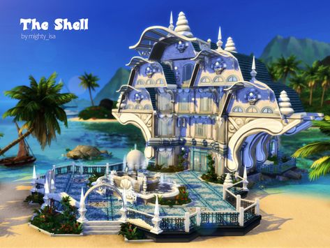 Sims 4 Mermaid Castle, Sims Mermaid House, The Sims 4 Mermaid House, Mermaid House Sims 4, Sims 4 Cc Sulani Clothes, Sims 4 Mermaid House, Sims 4 Shell House, Mermaid Village, Bloxburg Landscape