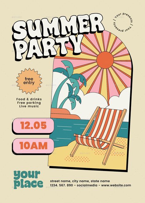 Summer Party Flyer Poster Advertising Design Ideas, Graphic Design Flyers Advertising, Luau Poster Ideas, Poster Ads Design Ideas, Summer Festival Poster Design, Flyer Design Inspiration Creative Ideas, Flyers Design Ideas, Summer Festival Poster, Festival Brochure