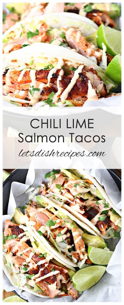 Mediterranean Seafood Recipes, Chinese Tacos, Salmon Hash Recipe, Seafood Taco, Salmon Tacos Recipe, Chili Lime Salmon, Seafood Tacos, Tacos Recipes, Recipe Salmon