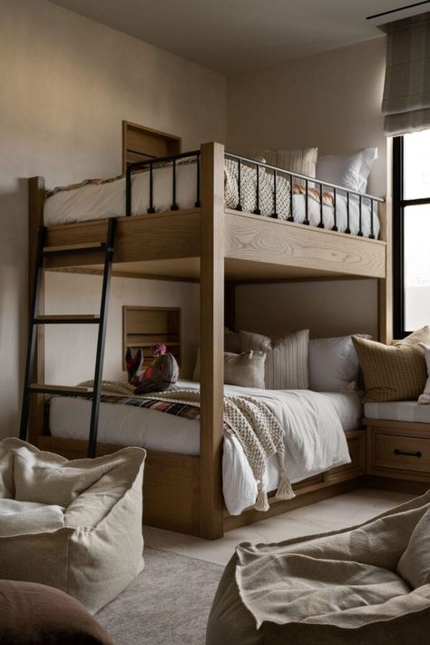 Bunk Rooms From The Studio McGee Archives - Studio McGee Mountain Bunk Room, Eclectic Shelving, Bedroom Pics, Cabinet Detail, Bunk Room Ideas, The Mcgee Home, Adult Bunk Beds, Mcgee Home, Double Bunk Beds