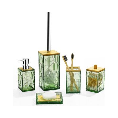 5 Pieces Bamboo Bathroom Accessories Set Mint GreenSoap Dispenser: 10 OZ, with rust resistance ABS pump, can be used for liquid hand soap, shower gel, shampoo, lotion, dish soap, etc. Toothbrush Holder: With a wide opening, it can accommodate regular toothbrushes, makeup brushes, toothpaste, and electric toothbrushes. Cotton Swabs Holder: Our cotton swabs holder can hold cotton swabs up to 4 inches in length, and also can hold cotton balls, swabs, round pads, and floss picks. Soap Dish: The bamb Beige And Green Bathroom, Bamboo Bathroom Decor, Sage Green Bathroom, Frog Bathroom, Mint Green Bathrooms, Mint Bathroom, Bamboo Bathroom Accessories, Zen Bathroom Decor, Green Bathroom Accessories