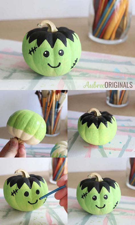 Easy Painted Pumpkins, Cute Painted Pumpkin Ideas, Monster Faces, Halloween Pumpkin Crafts, Moldes Halloween, Creative Pumpkin Painting, Creative Pumpkin Decorating, Pumpkin Diy, Pumpkin Decorating Contest