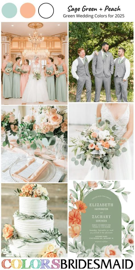 Sage green and peach for green wedding colors for 2025, mismatched sage green and peach bridesmaid dresses, white bridal gown, grey groomsmen suits and sage green ties, white and peach flowers and sage leaves of bouquet, reception centerpieces and wedding cake décor, wedding invitation with white and peach flowers and sage leaves printing. #weddingcolors #weddingideas #greenweddings #colsbm #2025 #sagewedding #sagegreenweddings #bridesmaiddresses #sagegreenandpeach Sage Green And Peach, Grey Groomsmen, Leaves Printing, Dark Green Forest, Peach Bridesmaid Dresses, Wedding Color Ideas, Green Wedding Colors, Peach And Green, Wedding Color