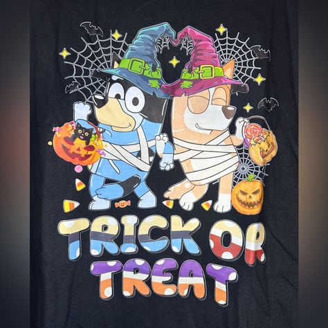 Adorable Bluey Halloween Shirt. Rock Your Love For Bluey As You Have Fun This Holiday. Black Shirts Are Large And White Is Medium. Smoke Free And Pet Friendly Bluey Halloween, Black Shirts, Trunk Or Treat, Disney Shirts, Halloween Treats, Halloween Shirt, Shirt Color, Trick Or Treat, Have Fun