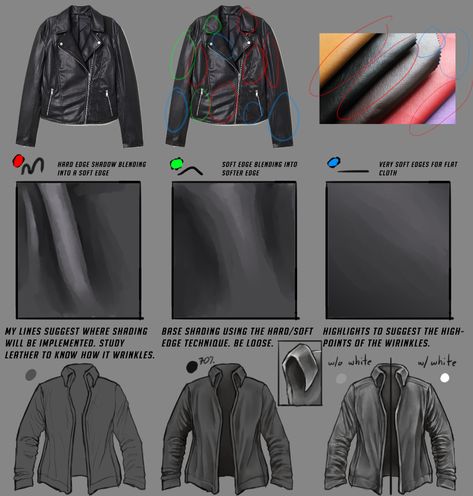 Process: How I Paint Leather Clothing by Deertush on DeviantArt Taking Off Jacket Reference, Leather Drawing, Jacket Drawing, Painted Leather Jacket, Leather Tutorial, Paint Leather, Male Pose Reference, How To Shade, Leather Clothing