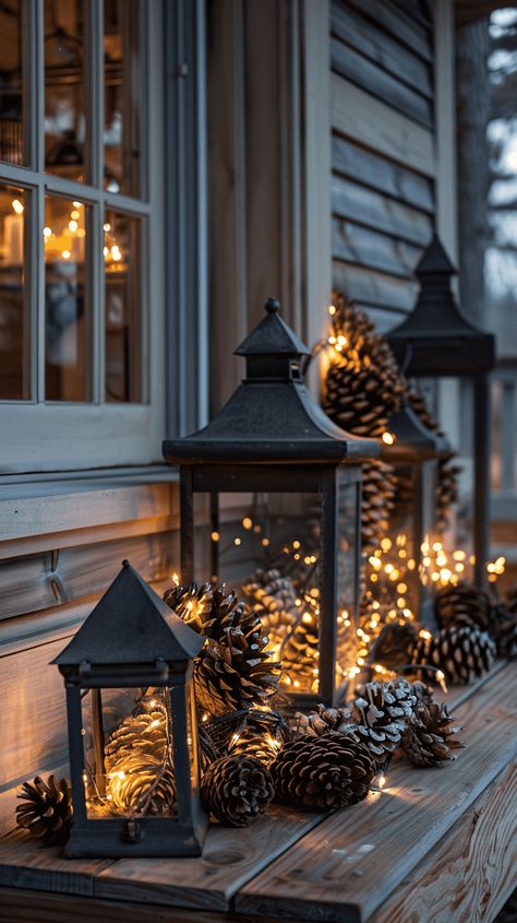 25 Fall Lantern Decor Ideas For Your Home Lanterns Porch Decor, Farmhouse Fireplace Lanterns, Home Decor Ideas Winter, Fall Lantern Decor Ideas Outdoor, White Lantern Fall Decor, Men Christmas Decor Ideas, Fall Porch Decor With Lanterns, Fall Ideas Decor, Fall Front Porch Decor With Lanterns