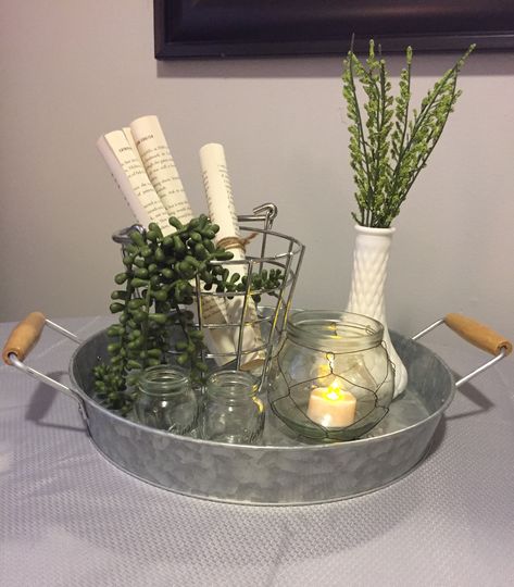 Metal Tray Decor Ideas, Galvanized Tray Decor, Galvanized Tray Centerpieces, Metal Tray Decor, Round Tray Decor, Galvanized Metal Decor, Tray Centerpiece, Galvanized Tray, Dining Room Table Centerpieces