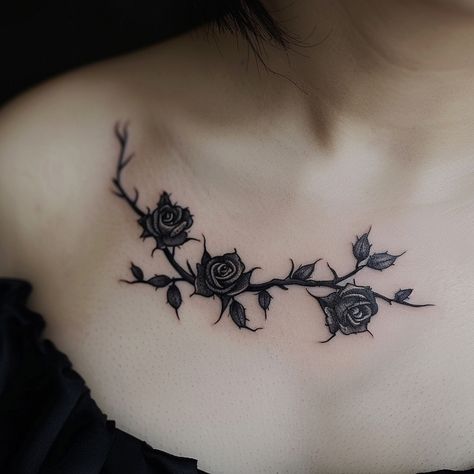 Under Collar Bone Tattoos, Tattoos Collar Bone, Flower Vine Tattoos, Dark Feminine Tattoos, Flower Vines, Gothic Elements, Gothic Flowers, Jellyfish Tattoo, Dark Elegance