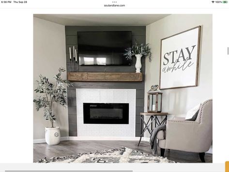 Fireplace Accent Wall Ideas, Fireplace Accent Wall, Corner Fireplace Living Room, Fireplace Accent Walls, Accent Wall Ideas, Modern Farmhouse Home Decor, Modern Farmhouse Home, Living Room Corner, Bedroom Fireplace