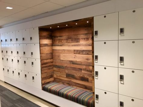 Storage Locker and Cabinets - Modern Office Systems Open Office Design, Workplace Office, Locker Designs, Office Lockers, Mobile Shelving, Wall Seating, Changing Room, Gym Design, Education Design