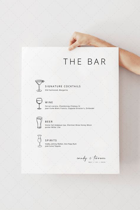 "Welcome to Momenti Design Studio! This Wedding Drinks Bar Menu Sign template editable is perfect for you who are planning a wedding elegant and refined! The combination of colors enhances the elegance and sophistication with this signs you will give your reception a unique and original touch! It is an article extremely original, unique design and special attention to detail, romantic but at the same time very modern and current. Please read below carefully before placing your order. The listing Alcohol Menu Wedding, Bar Menus Menu Design, The Bar Menu Wedding, Open Bar Menu Wedding, Wedding Drink List, Drinking Menu Design, Wedding Drinks Menu Sign, Bar Menu For Wedding, Cocktail List Menu Design