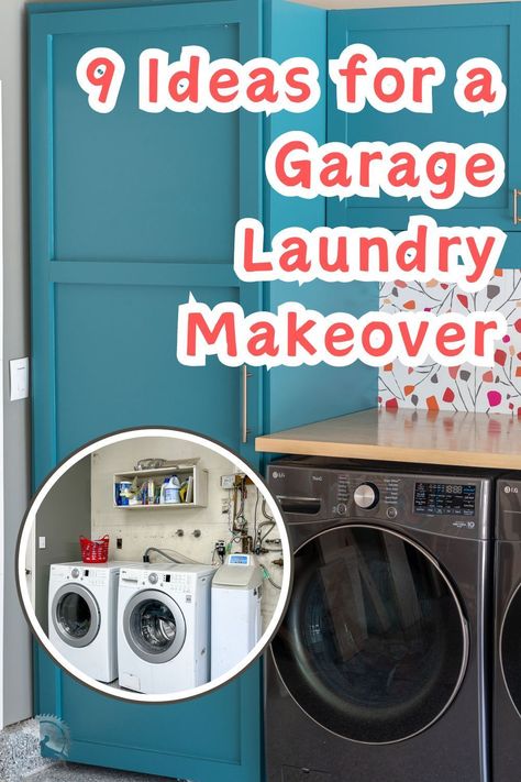 Give your laundry area a makeover with these 9 ideas to make a garage laundry beautiful and functional. Small space laundry ideas that work. #anikasdiylife Small Laundry In Garage Ideas, Garage Utility Area, Utility Space In Garage, Garage Laundry Room Organization, Laundry Nook Makeover, Laundry Area In Garage Corner, Garage Washing Machine Area, Diy Garage Laundry Area, Garage Laundry Area Ideas Spaces