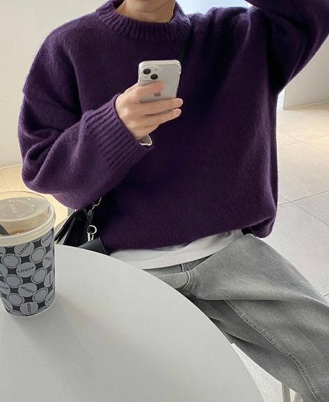 Outfit With Purple Sweater, Purple Clothing Men, Purple Aesthetic Outfit Men, Men’s Purple Outfit, Purple Sweater Outfit Men, Mens Purple Outfit, Purple Tshirt Outfits Men, Oversized Sweater Outfit Men, Purple Men Outfit