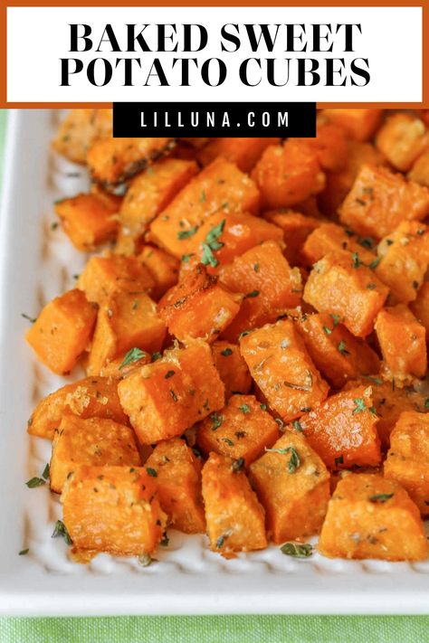 Baked Sweet Potato Cubes - these oven roasted sweet potatoes are easy to make, flavorful and have a tasty Parmesan cheese and spices coating making them our new favorite side dish. #roastedsweetpotatocubes #sweetpotato #roastedsweetpotato #bakedparmesansweetpotatoes #sweetpotatocube Baked Sweet Potato Cubes, Sweet Potato Cubes, Roasted Sweet Potato Cubes, Sweet Potato Oven, Potato Cubes, Oven Roasted Sweet Potatoes, Chicken Recipes Boneless, Cubed Sweet Potatoes, Oven Chicken Recipes