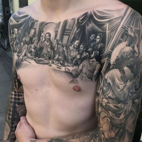 The Last Supper Tattoo, Religous Tattoo, Chest Tattoo Stencils, Chest Tattoo Drawings, Full Chest Tattoos, Biblical Tattoos, Backpiece Tattoo, Unique Tattoos For Men, Verse Tattoos